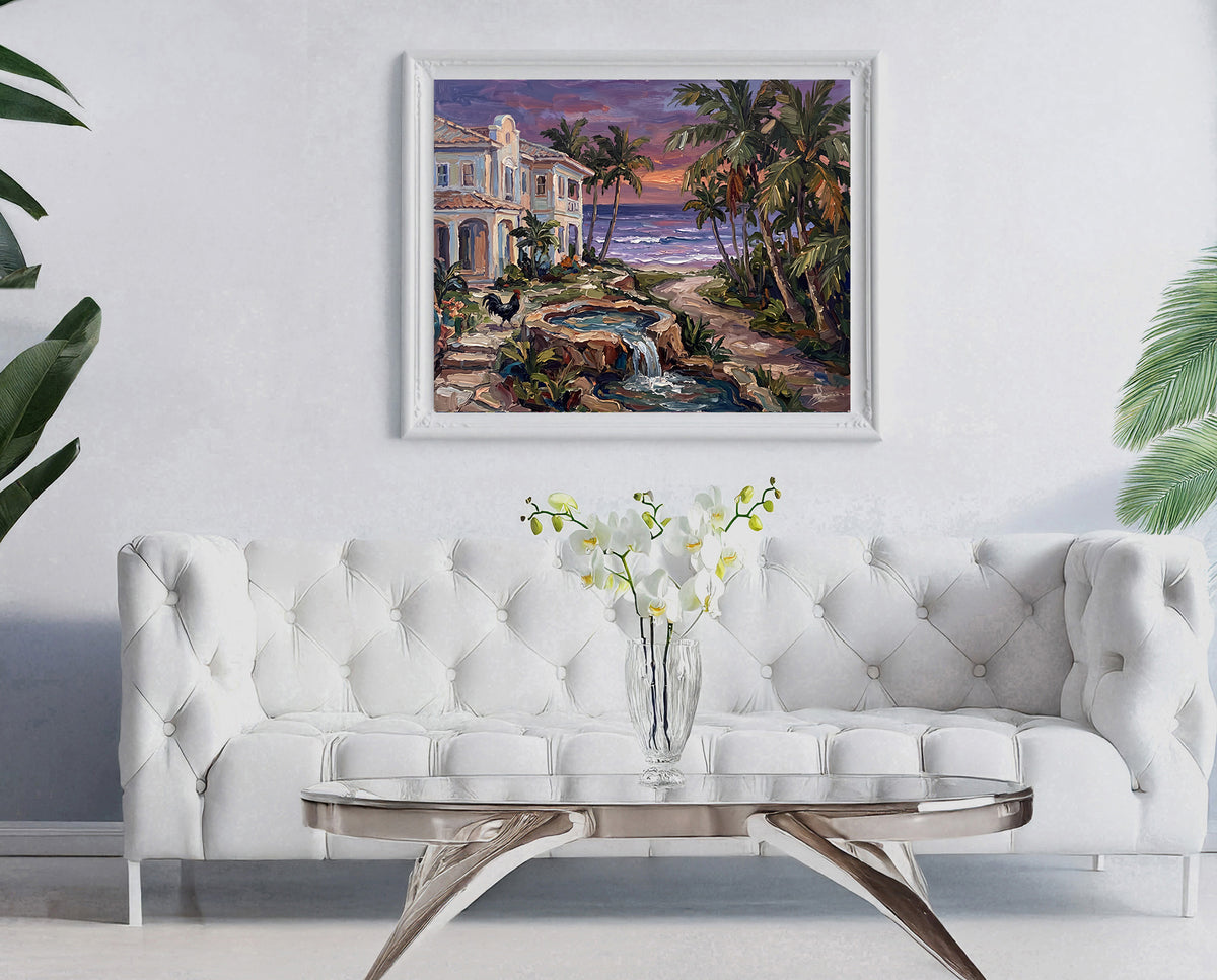 Where the Water Sings – Key West Twilight Garden & Rooster | Canvas or Paper Art Print