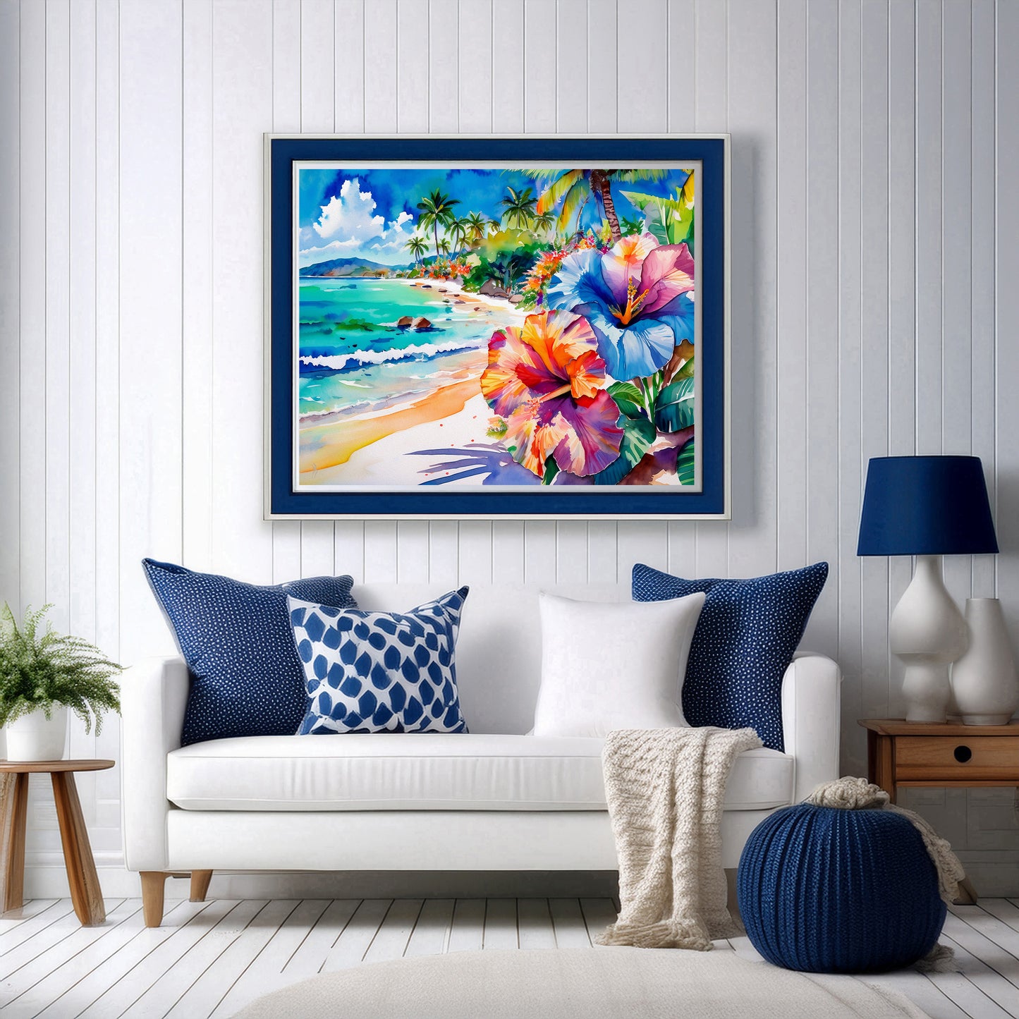Beach, Palm Trees and Hibiscus, Vibrant Print: Canvas or Paper