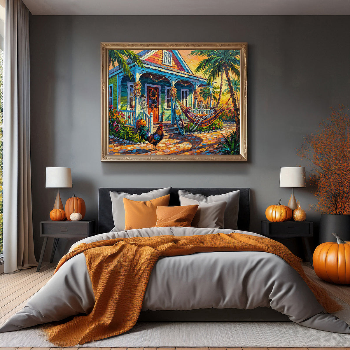 Key West Halloween Skeleton Conch Cottage with Rooster | Canvas or Paper Art Print