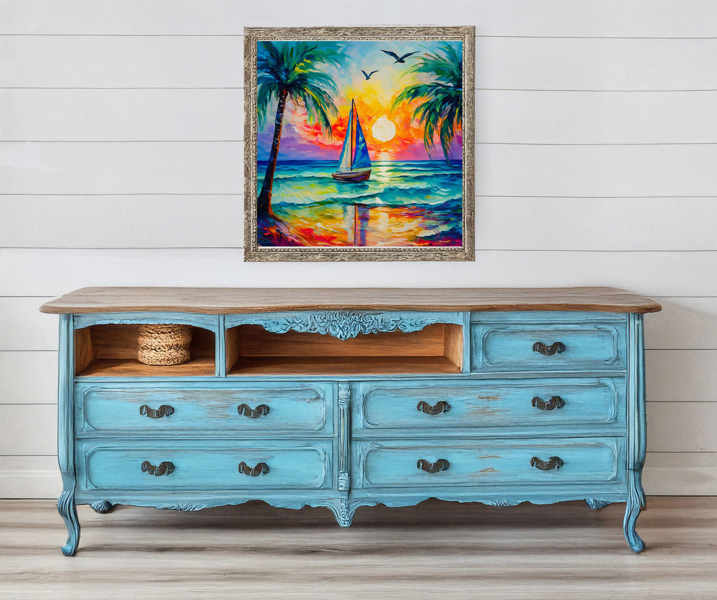Sailboat, Palm Trees, Sunset, Ocean Waves Print on Canvas or Paper
