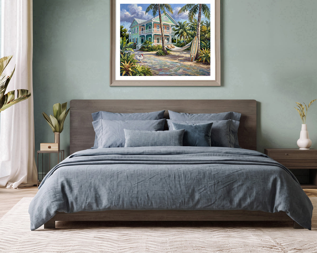 A Little Island Time – Key West Conch House, Hammock & Surfboard | Canvas or Paper Art Print