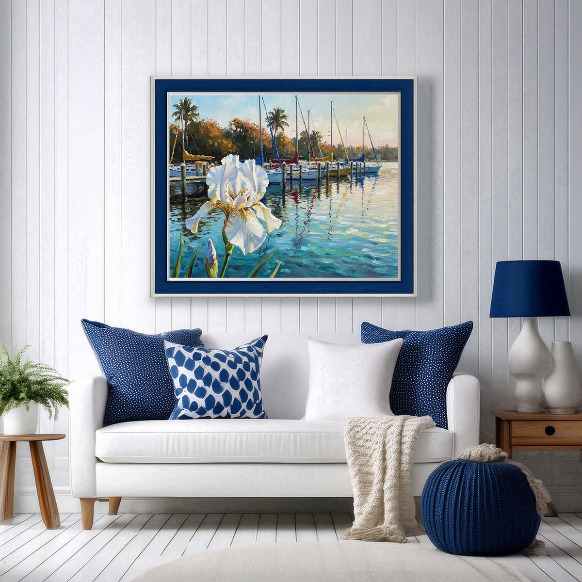 White Iris & Sailboats Florida Marina Fine Art Print | Floral Coastal Art | Canvas or Paper