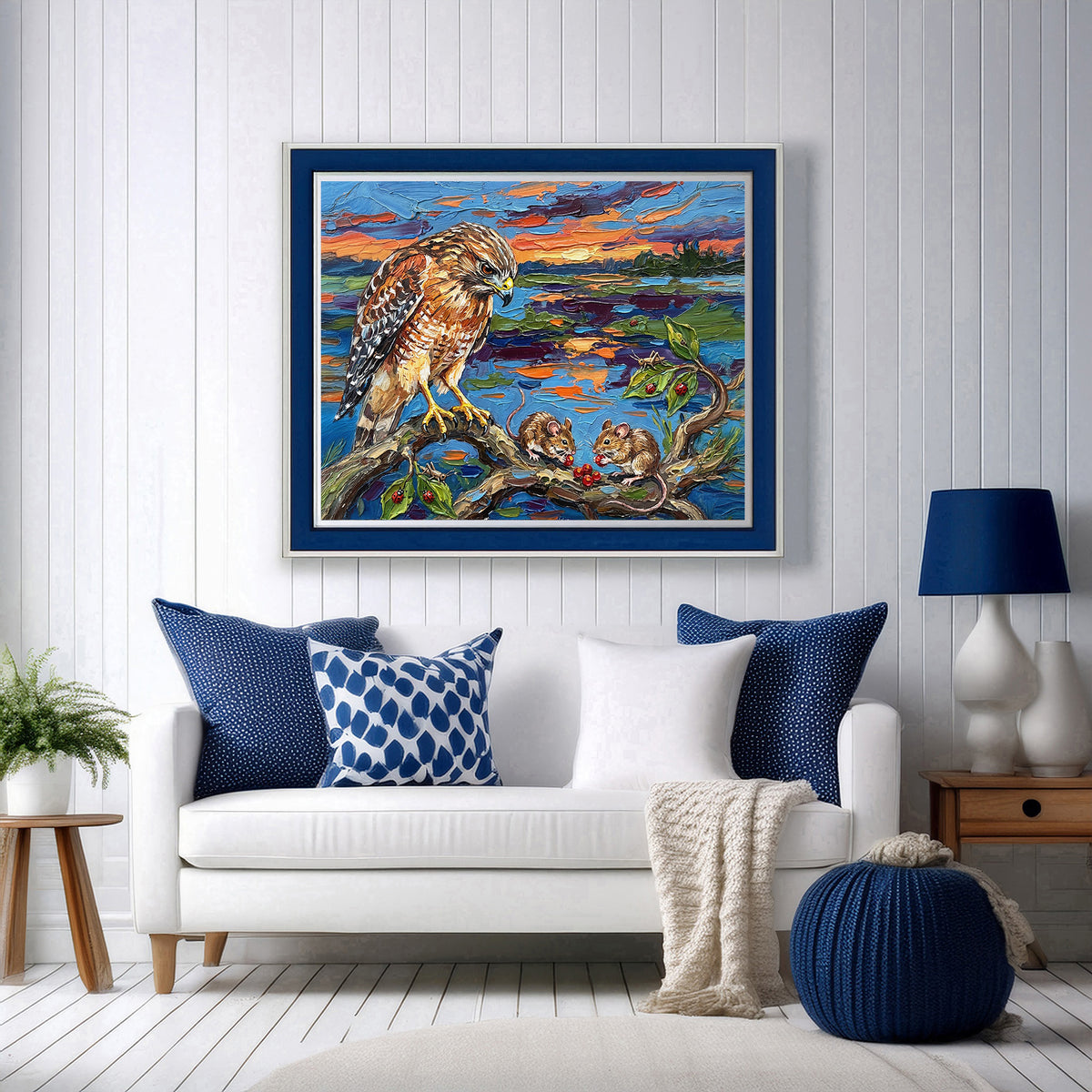 Hawk & Two Mice at Sunset | Canvas or Paper Wildlife Art Print