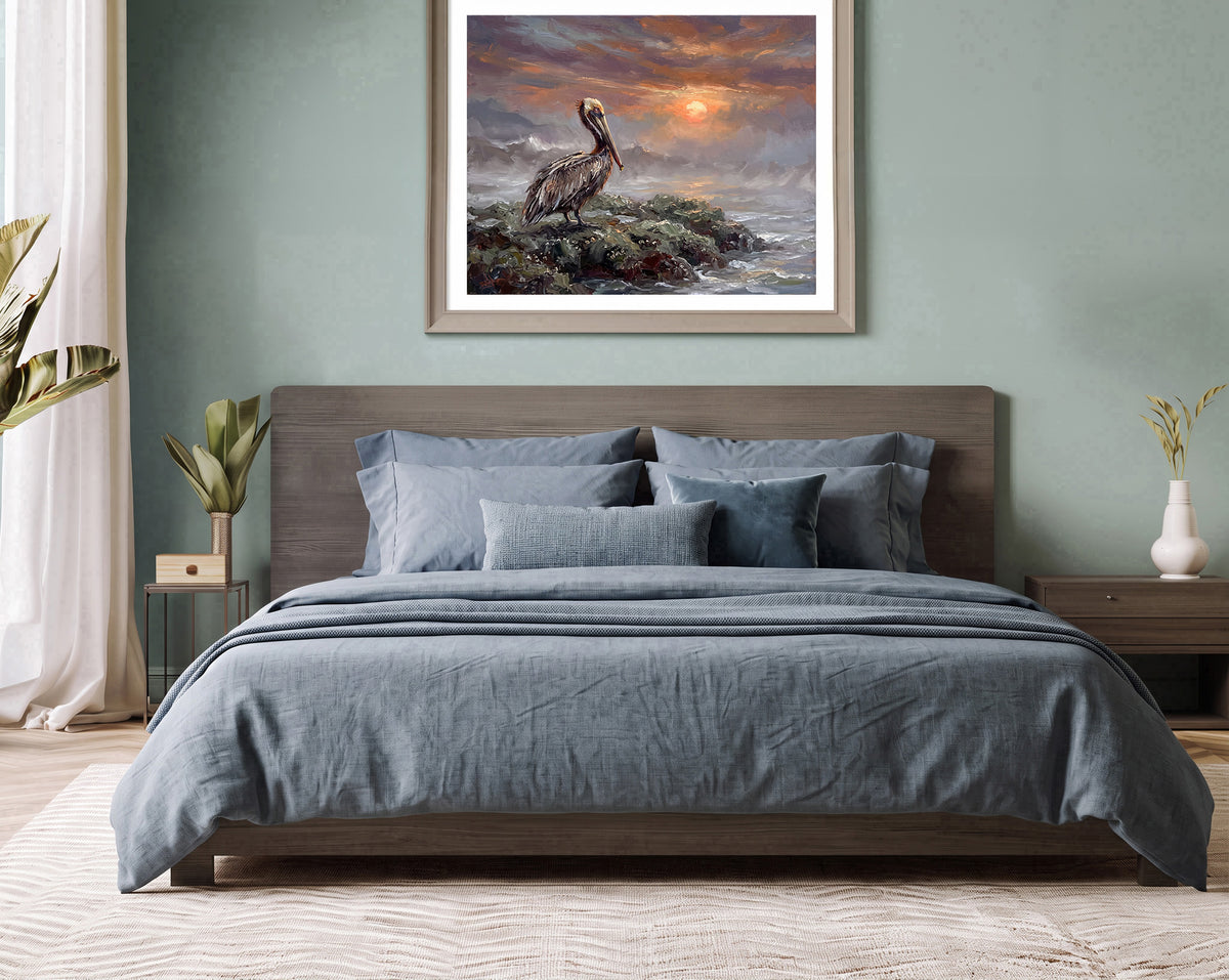 Keeper of the Evening Tide – Pelican at Sunset | Canvas or Paper Art Print