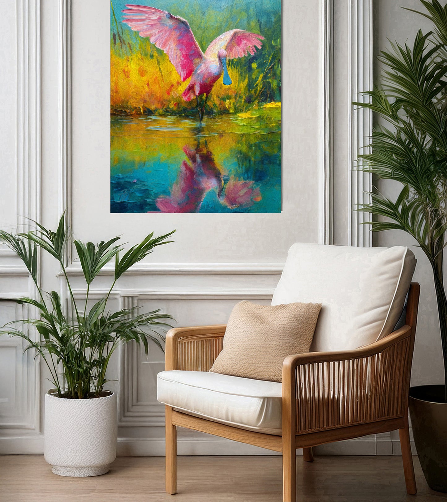 Roseate Spoonbill Wading in Blue Waters: Florida Wildlife Art Print