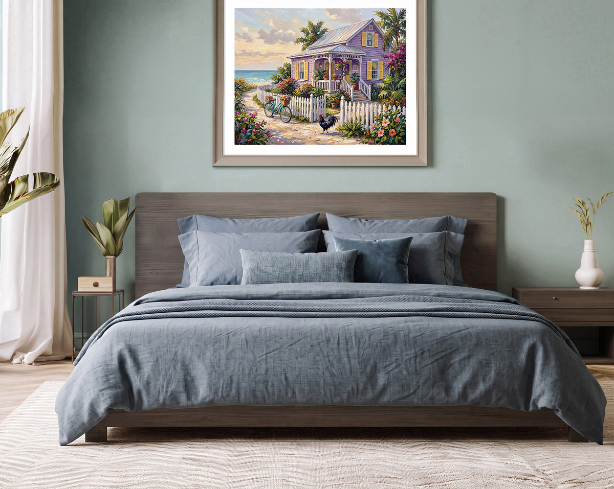 Lilac Cottage by the Sea – Key West Rooster & Bicycle | Canvas or Paper Art Print