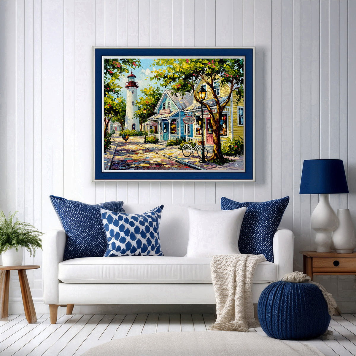 Key West Lighthouse & Colorful Shops | Canvas or Paper Art Print