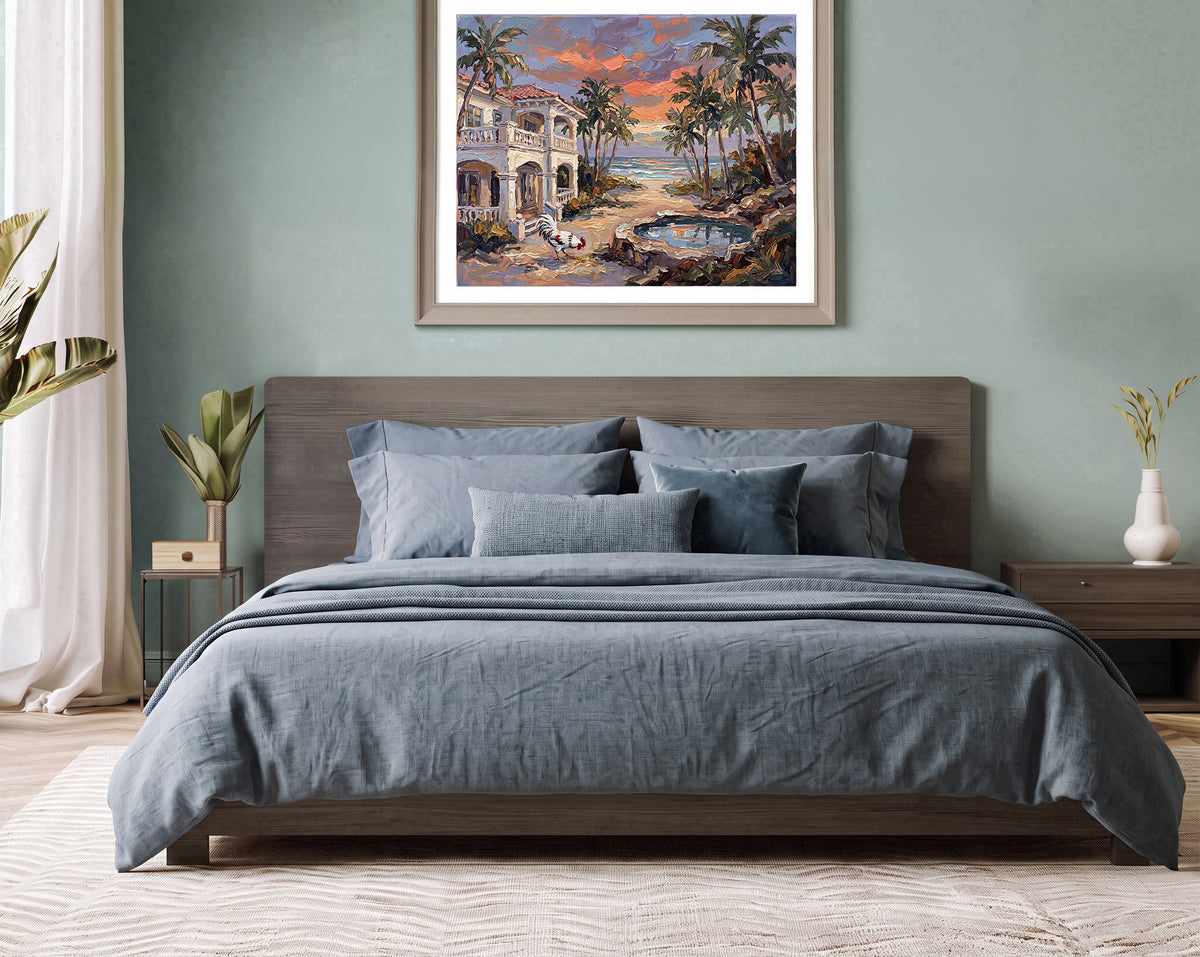 Reflections of an Island Sunset – Key West Coastal House & Rooster | Canvas or Paper Art Print