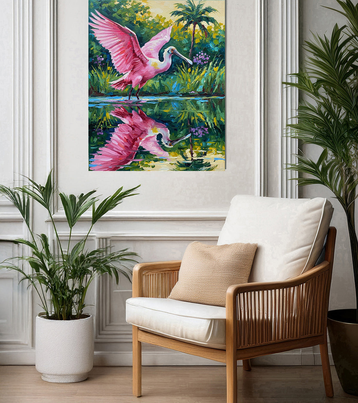 Roseate Spoonbill with Wings Spread in a Tropical Lagoon | Canvas or Paper Art Print