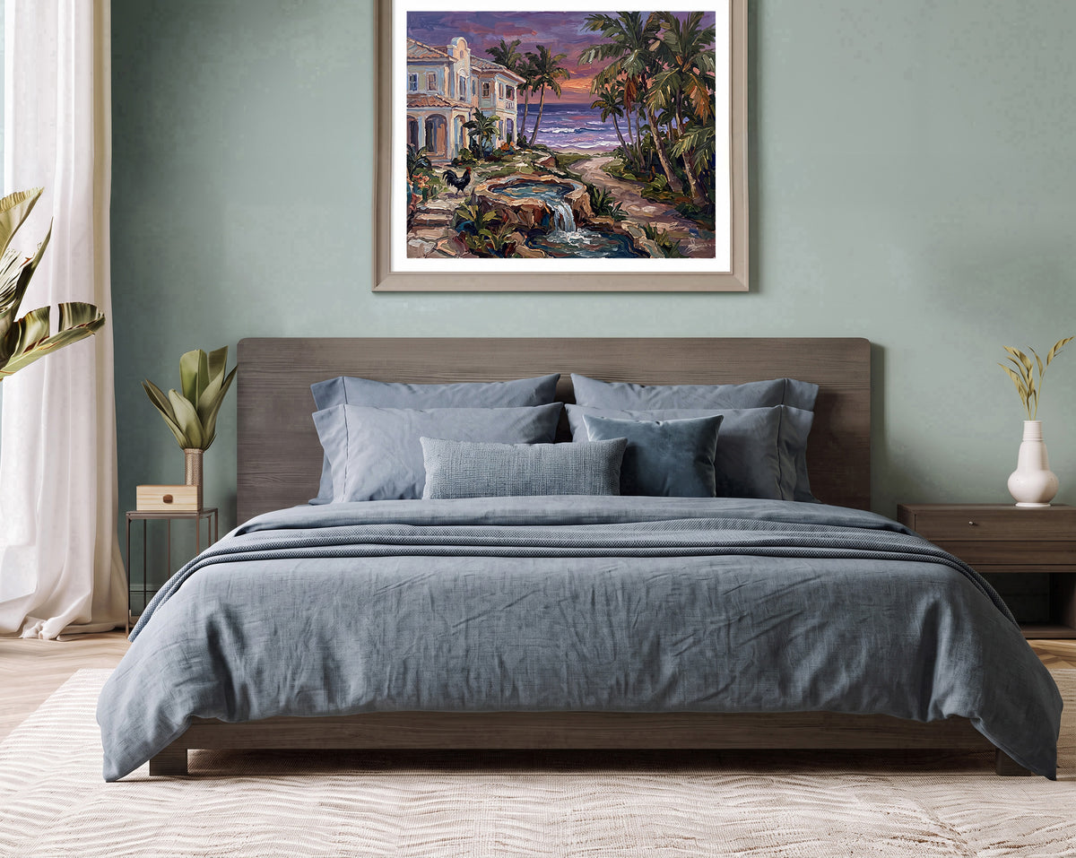 Where the Water Sings – Key West Twilight Garden & Rooster | Canvas or Paper Art Print