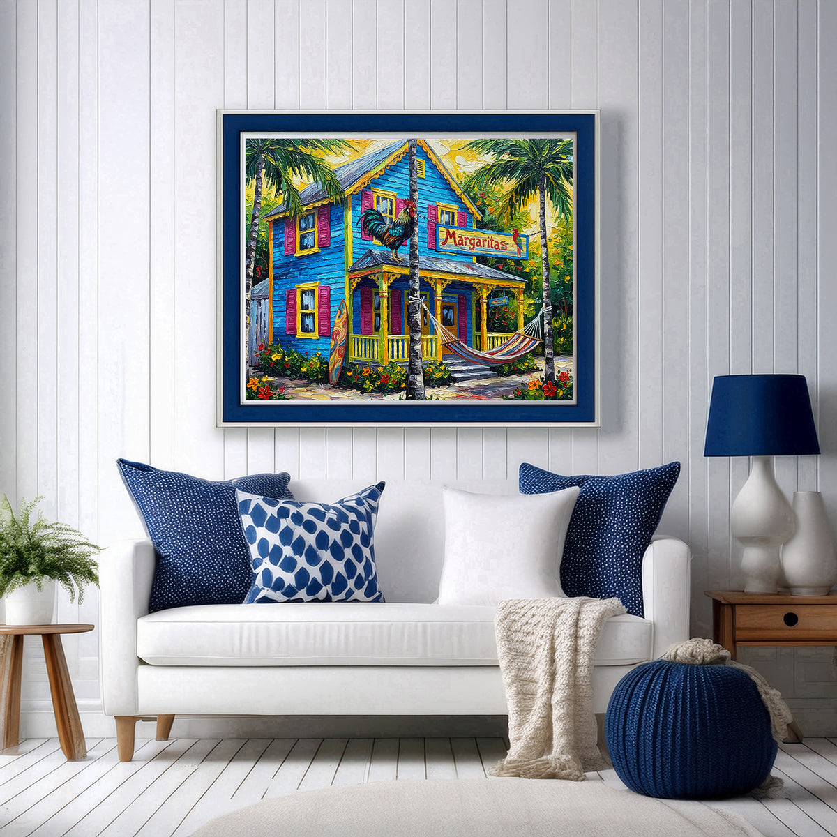 Margaritas Key West Conch House with Rooster & Hammock | Canvas or Paper Art Print