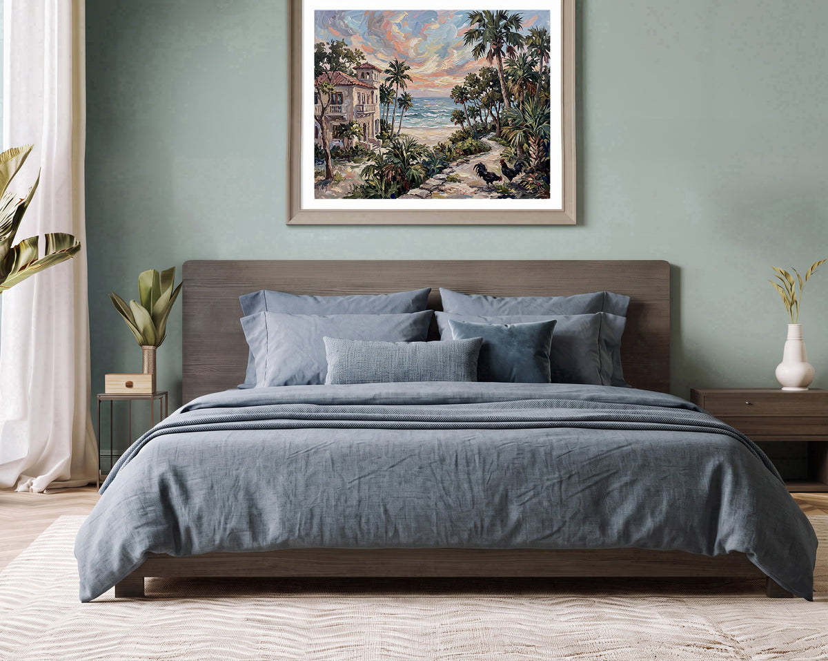Where the Palms Meet the Sea – Key West Coastal House & Roosters | Canvas or Paper Art Print