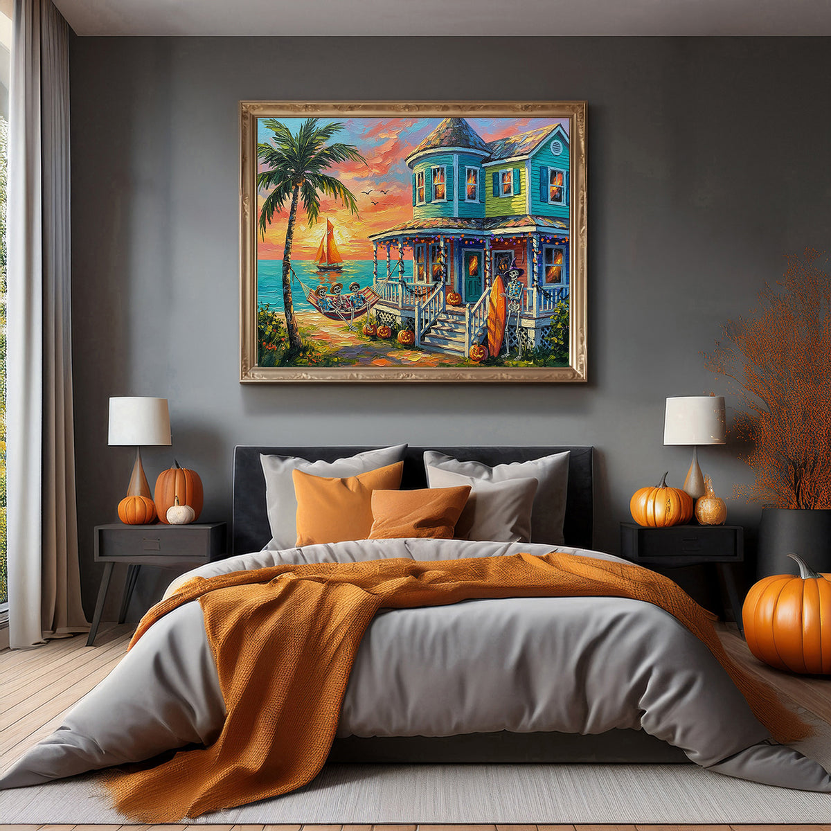 Key West Halloween Skeleton Beach Cottage Sunset | Canvas or Paper Art Print
