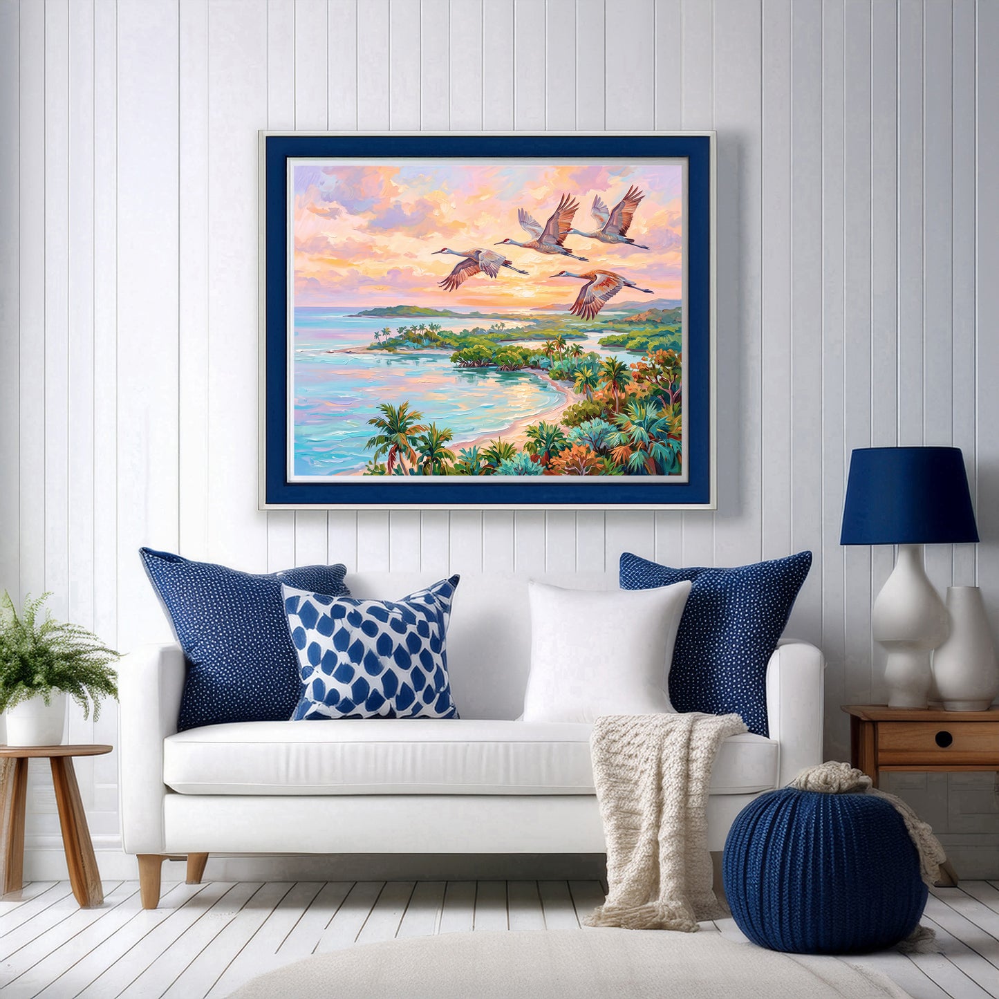Flamingos Flying Over Blue Waters Coastal Tropical Landscape Vibrant Print