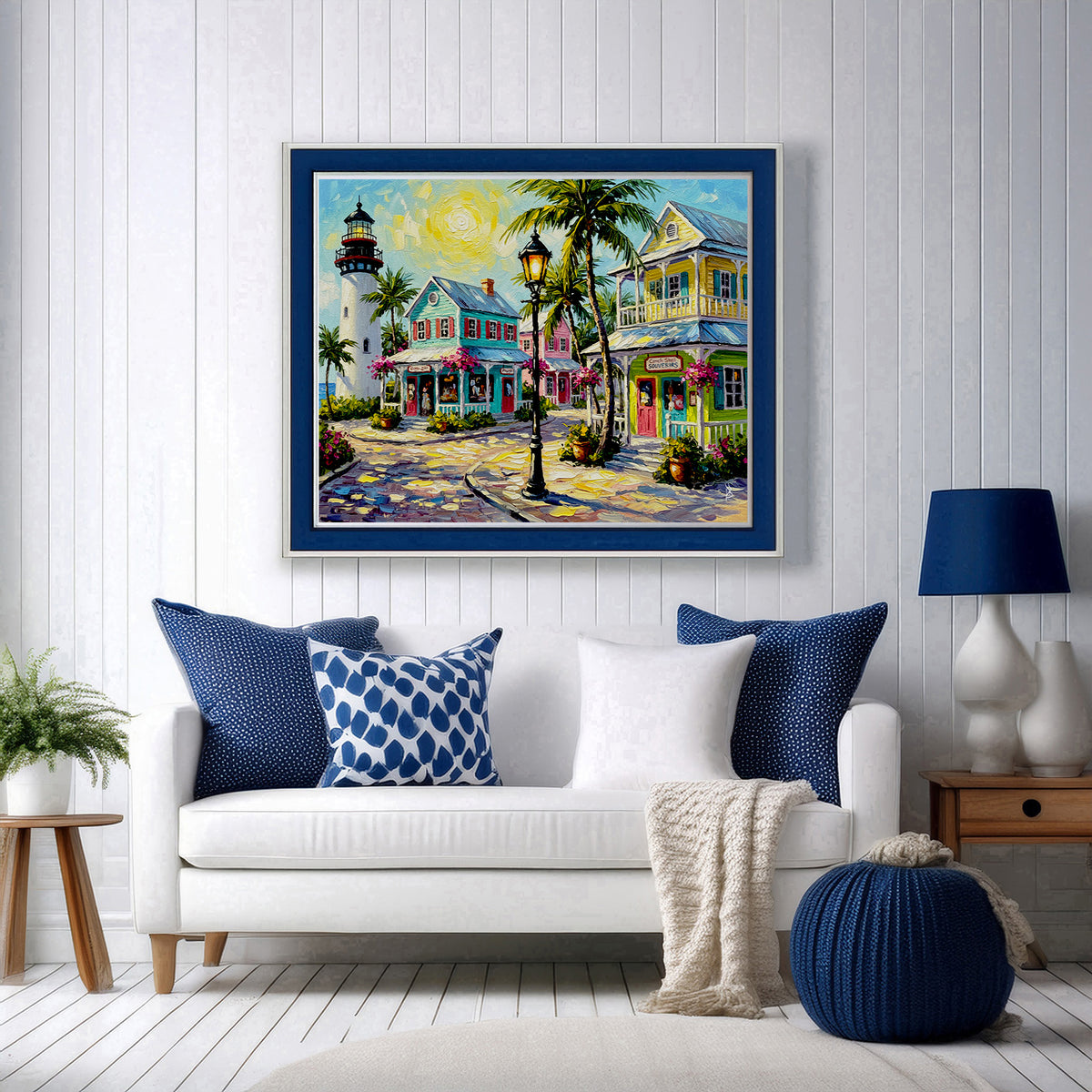 Key West Lighthouse & Pastel Conch Cottages | Canvas or Paper Art Print