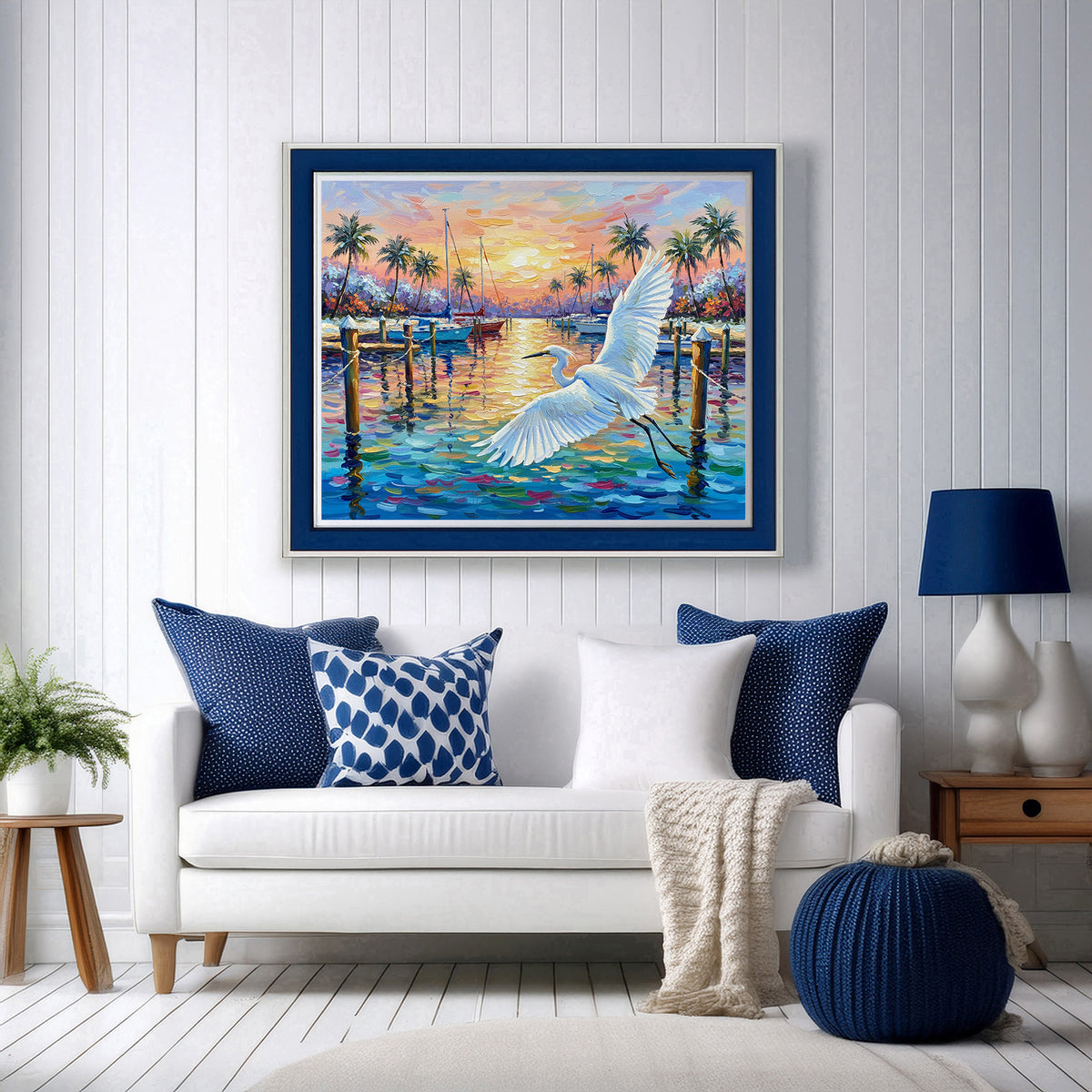 Great Egret Marina Sunset Fine Art Print | Florida Coastal Wildlife Art | Canvas or Paper