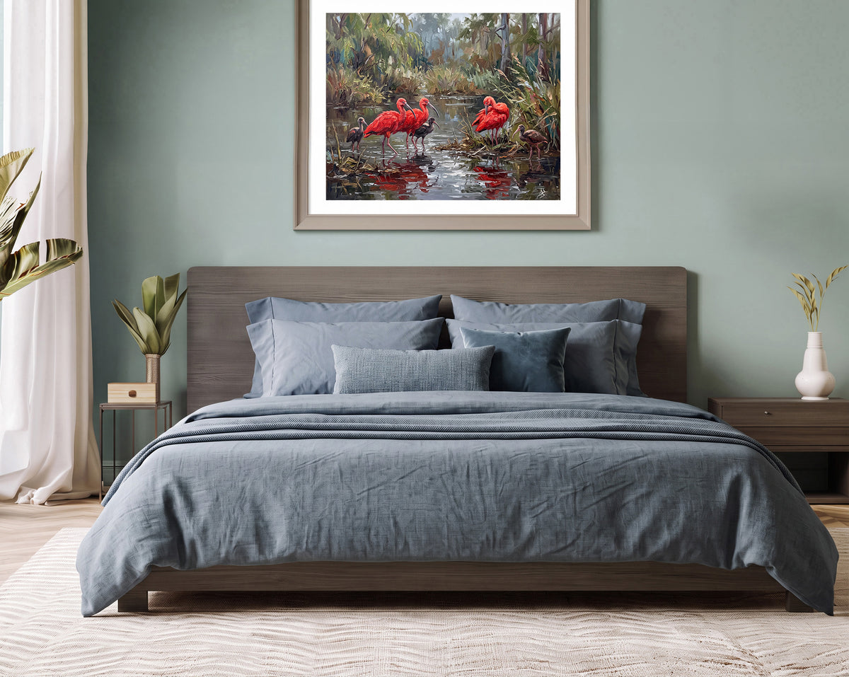 Scarlet Reflections – Ibis in the Hidden Wetlands | Canvas or Paper Art Print