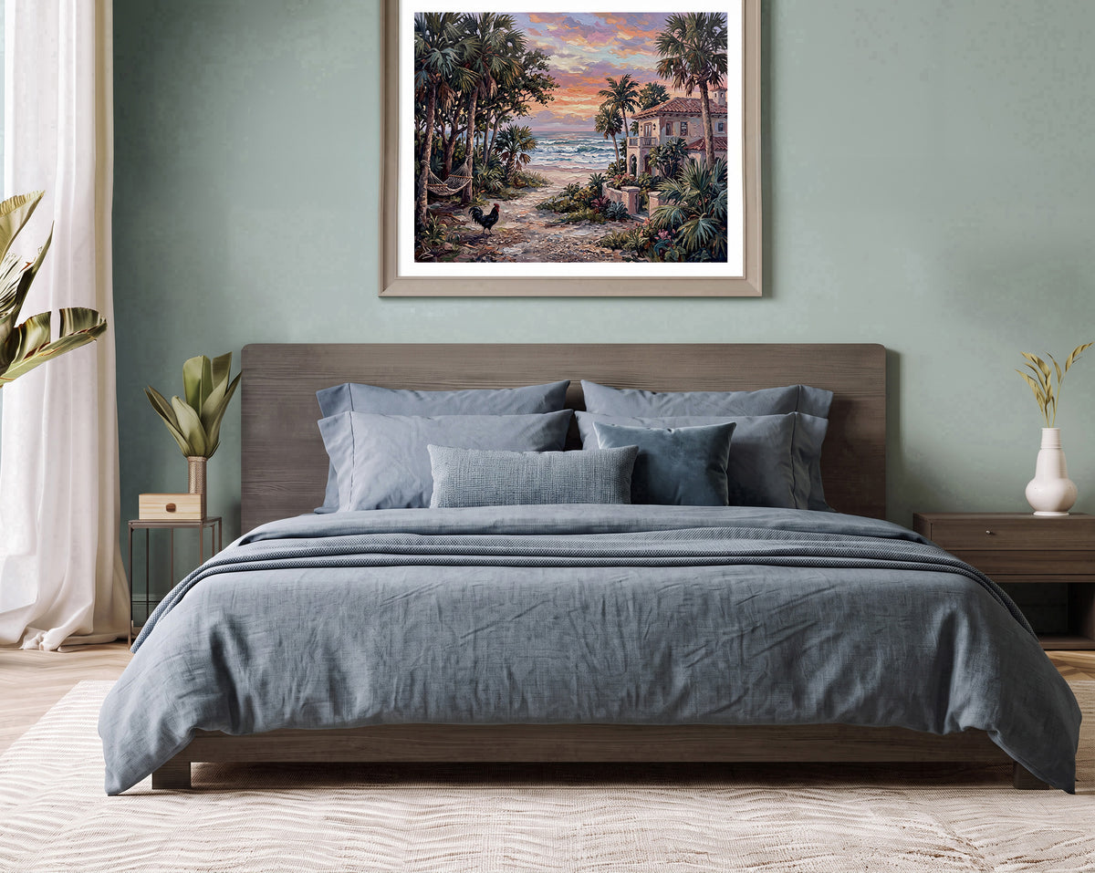 An Evening by the Sea – Key West Sunset, Hammock & Rooster | Canvas or Paper Art Print