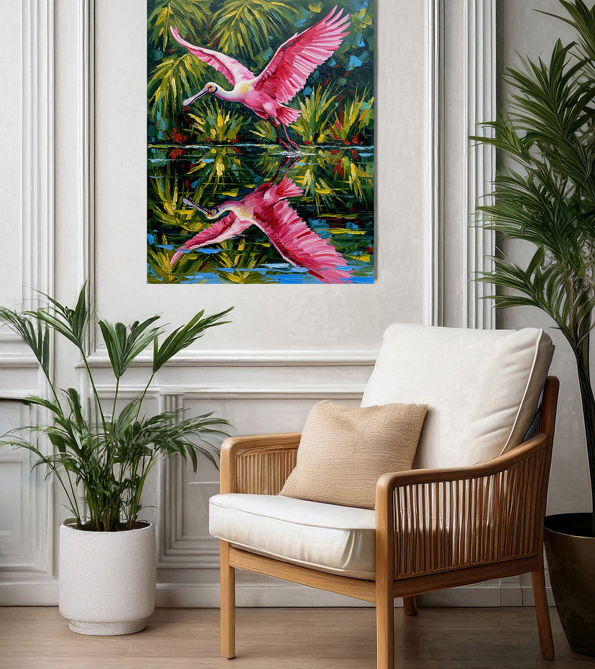 Roseate Spoonbill in Flight Over Tropical Wetlands | Canvas or Paper Art Print