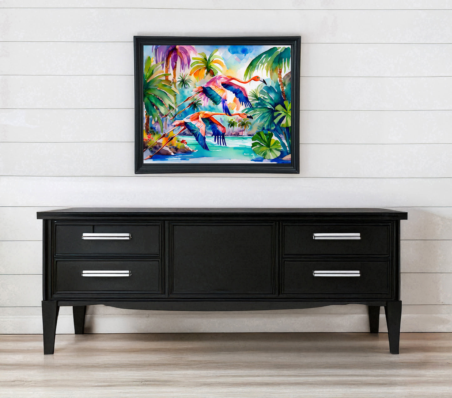Flamingos Flying Coastal Tropical Landscape Vibrant Print