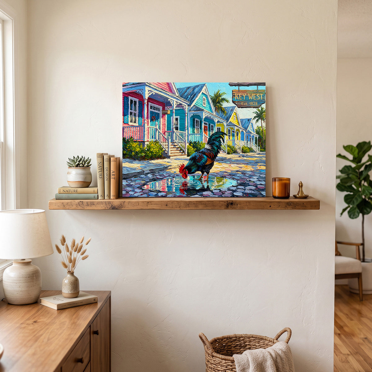 Key West Rooster on Duval Street | Colorful Conch Cottages Art Print