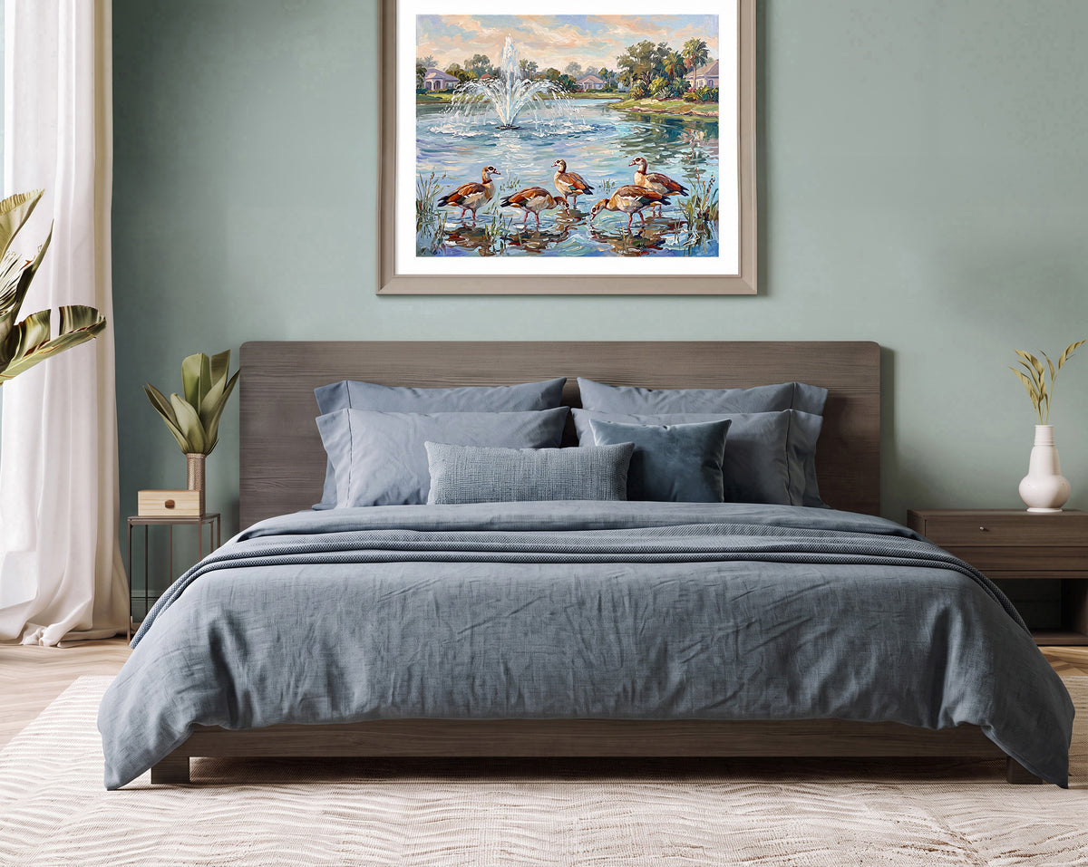Egyptian Geese by the Pond Fountain | Canvas or Paper Art Print