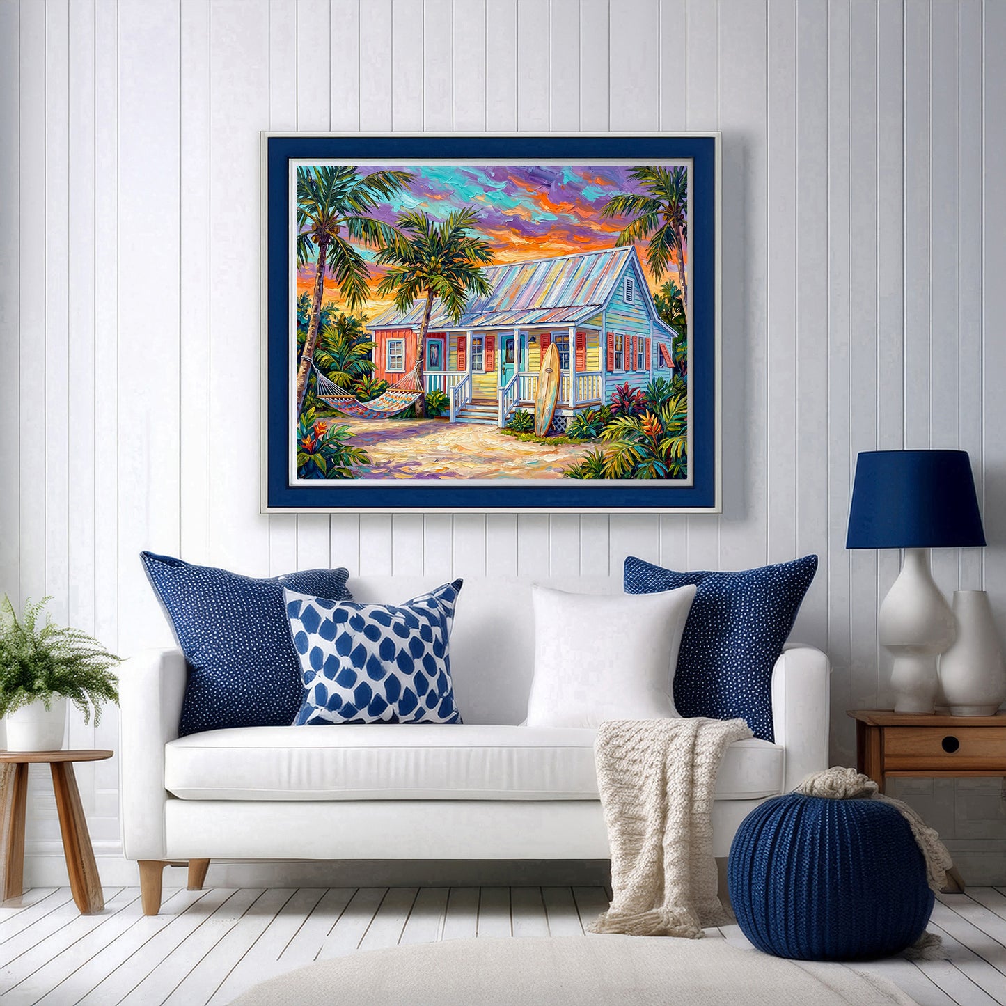 Key West Sunset Conch Cottage with Surfboard & Hammock | Canvas or Paper Art Print