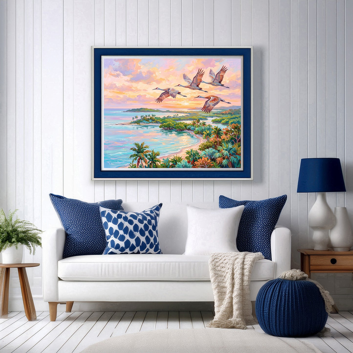 Flamingos Flying Over Blue Waters Coastal Tropical Landscape Vibrant Print