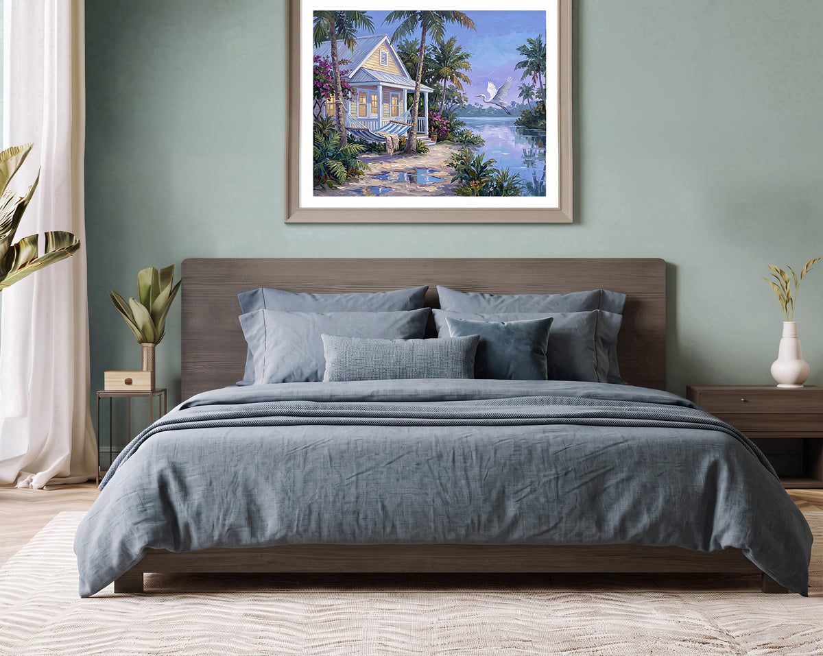 When the Island Exhales – Key West Cottage & Great White Heron | Canvas or Paper Art Print