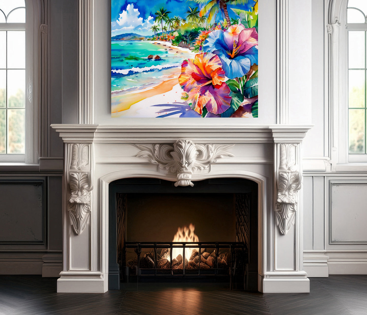 Beach, Palm Trees and Hibiscus, Vibrant Print: Canvas or Paper