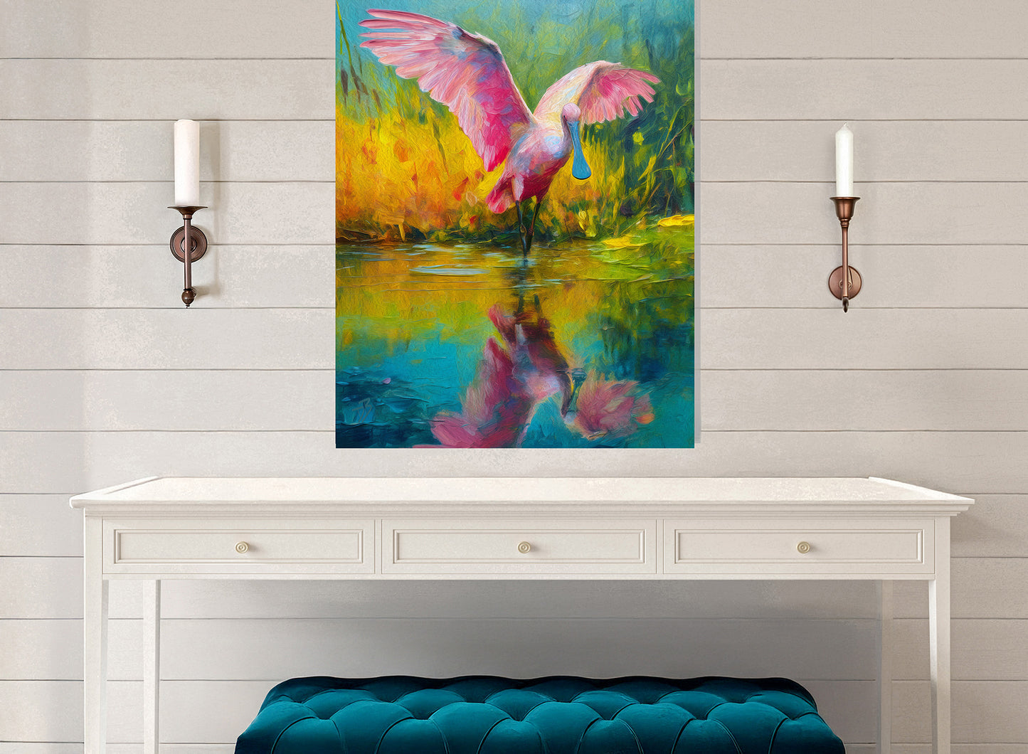 Roseate Spoonbill Wading in Blue Waters: Florida Wildlife Art Print