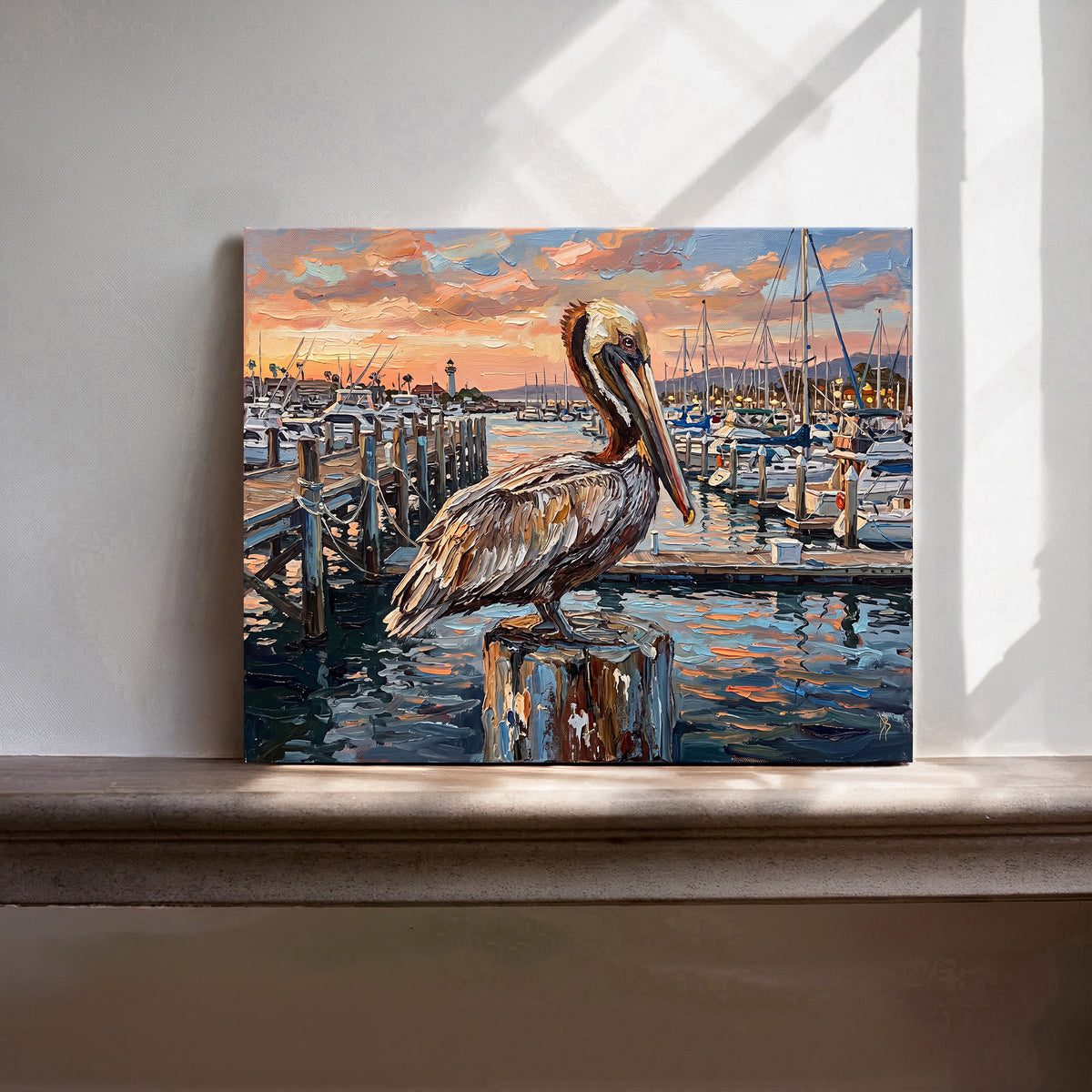 The Harbor Lookout – Pelican at Sunset Marina | Canvas or Paper Art Print