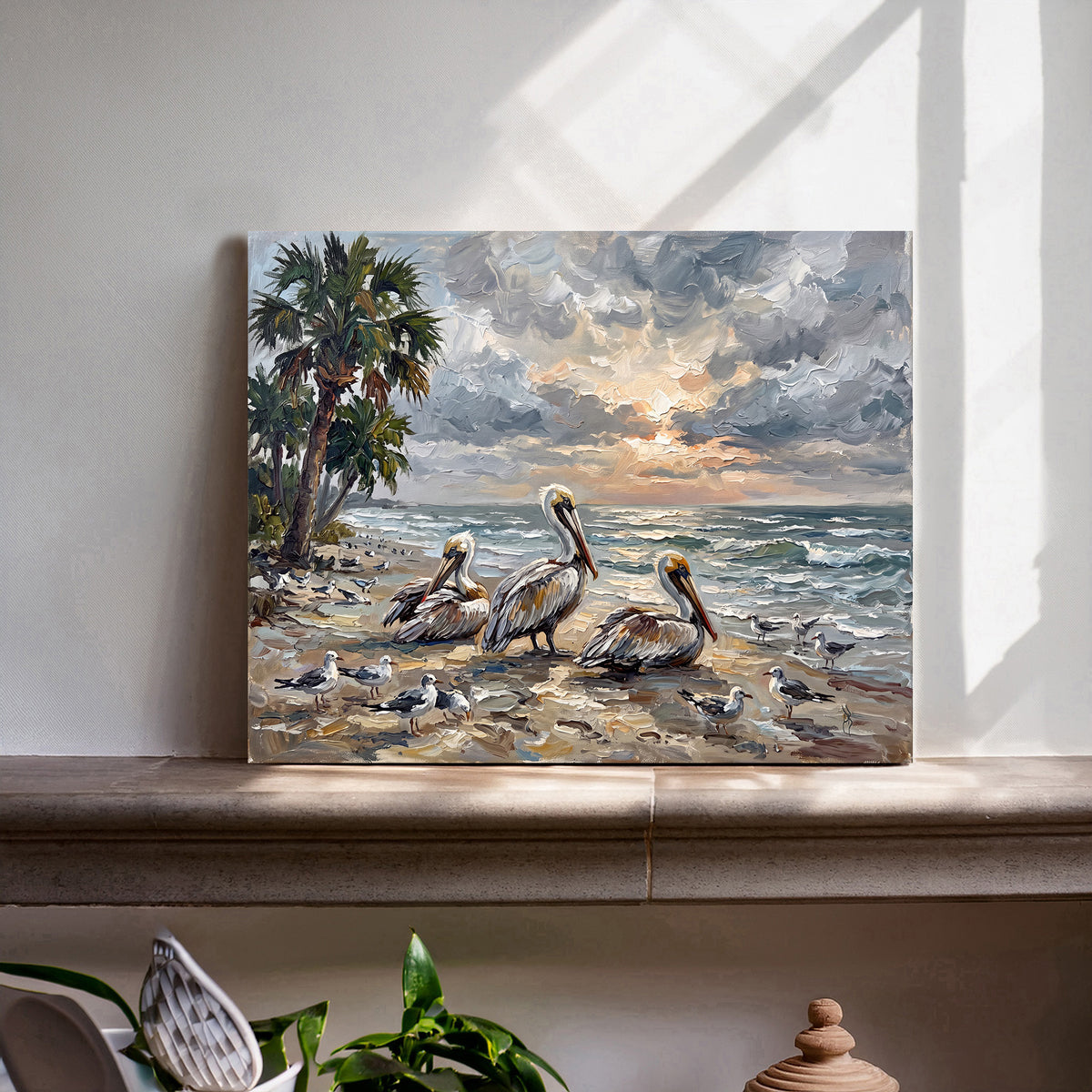 Pelicans at Sunset on a Palm-Lined Beach | Canvas or Paper Art Print