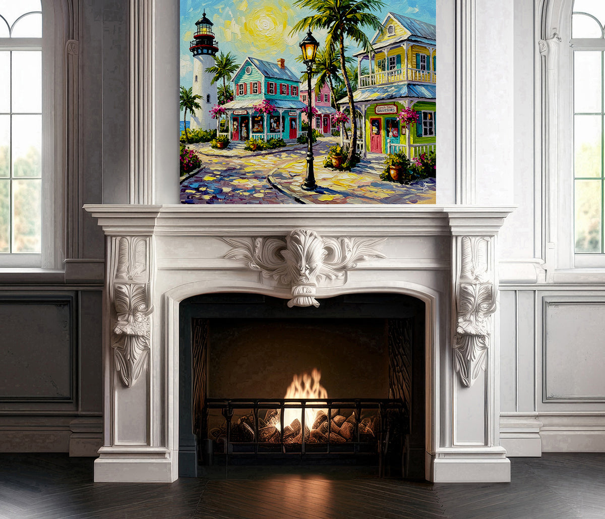 Key West Lighthouse & Pastel Conch Cottages | Canvas or Paper Art Print