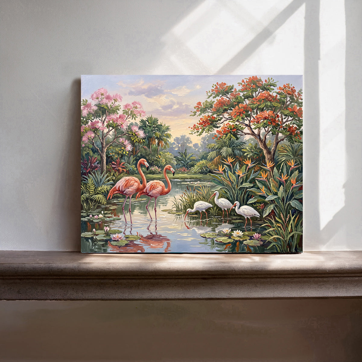 Wading in Paradise – Flamingos & White Ibis | Canvas or Paper Art Print
