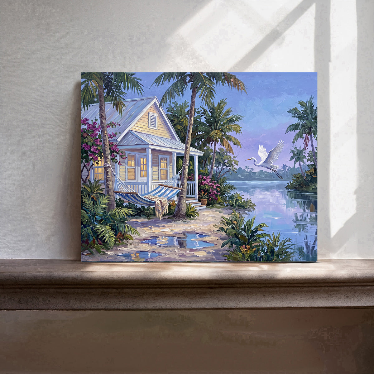 When the Island Exhales – Key West Cottage & Great White Heron | Canvas or Paper Art Print