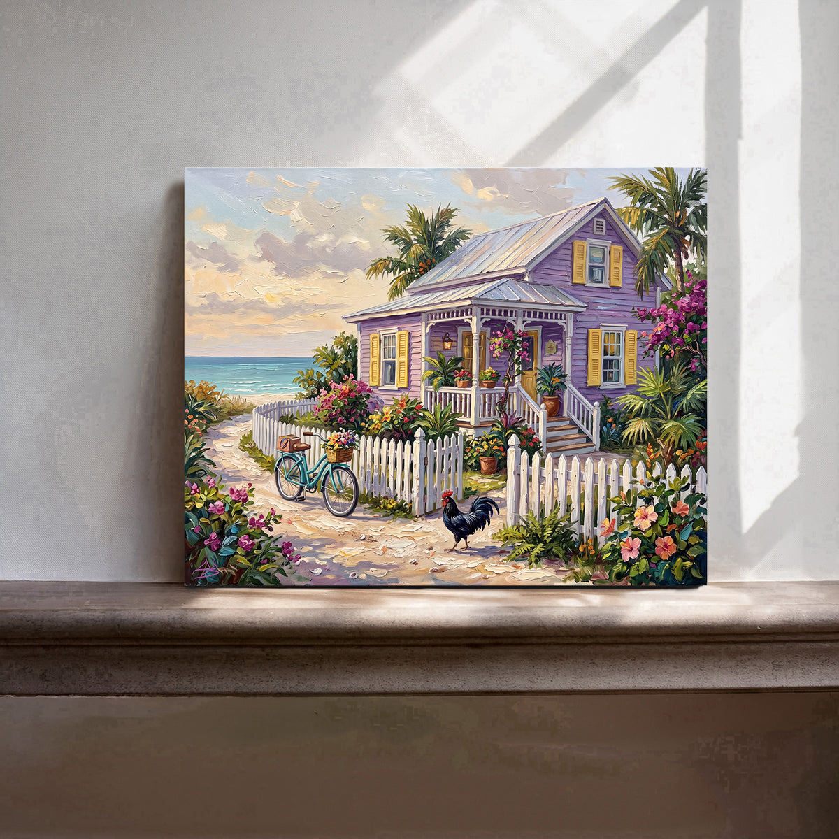 Lilac Cottage by the Sea – Key West Rooster & Bicycle | Canvas or Paper Art Print