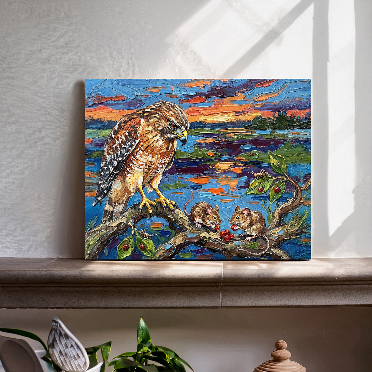 Hawk & Two Mice at Sunset | Canvas or Paper Wildlife Art Print