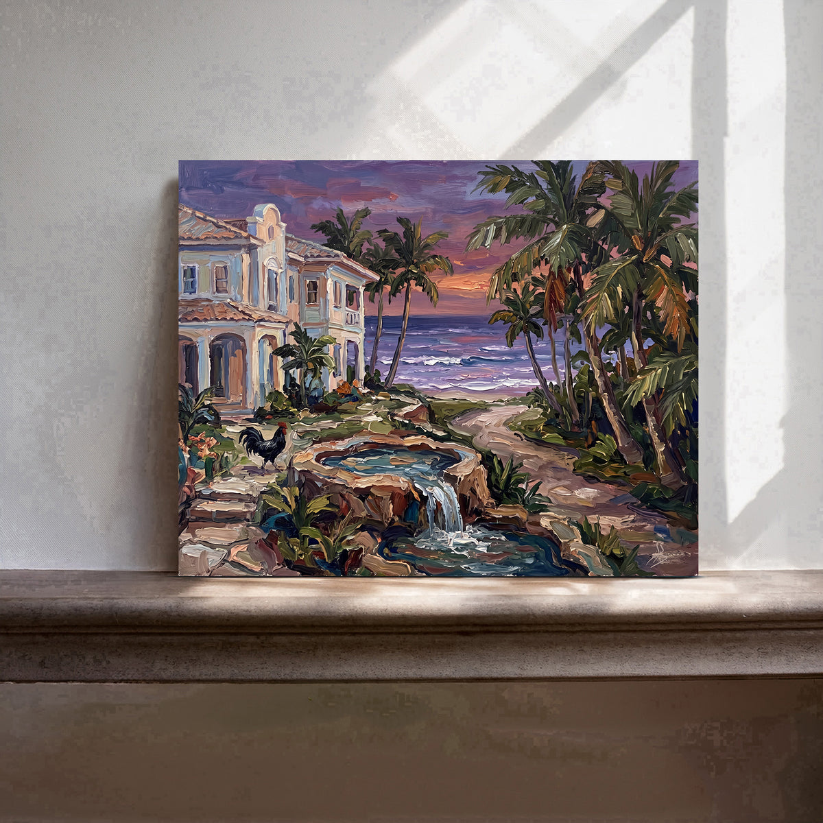 Where the Water Sings – Key West Twilight Garden & Rooster | Canvas or Paper Art Print