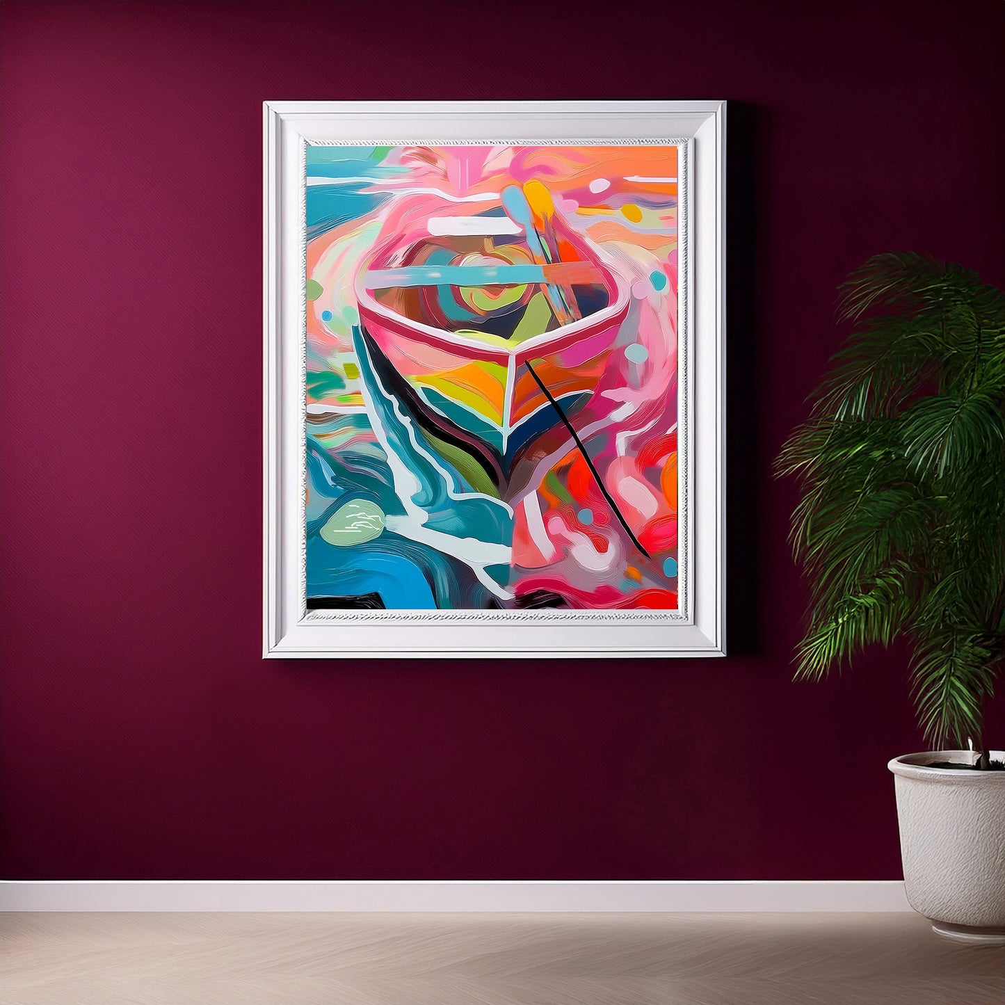 Vibrant Anchored Row Boat on a Florida Lake Print: Canvas or Paper