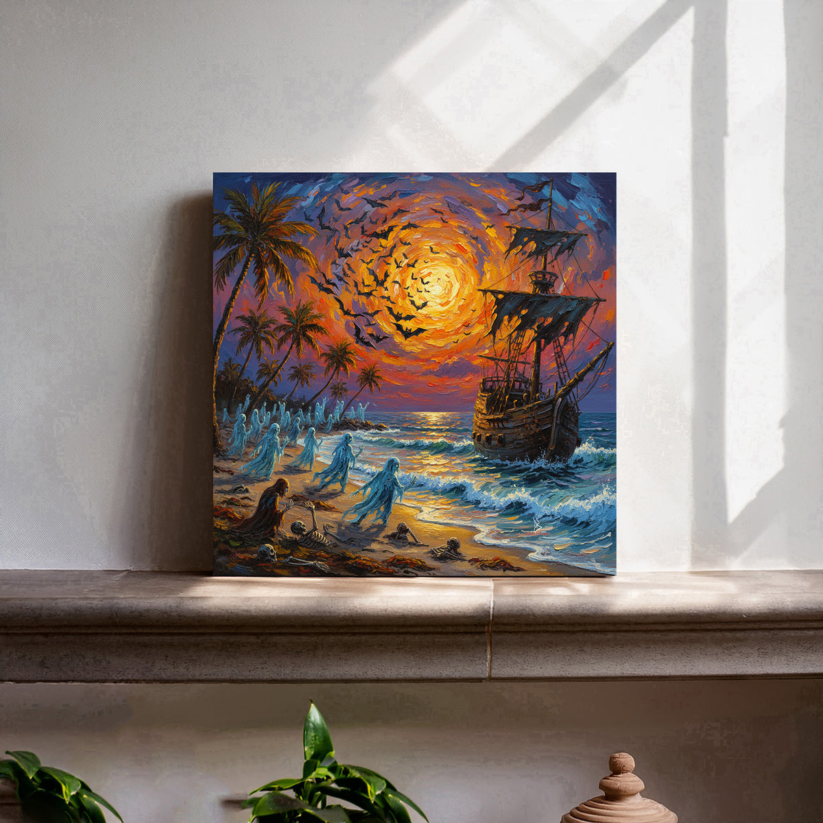 Ghostly Pirate Ship at Sunset | Canvas or Paper Art Print