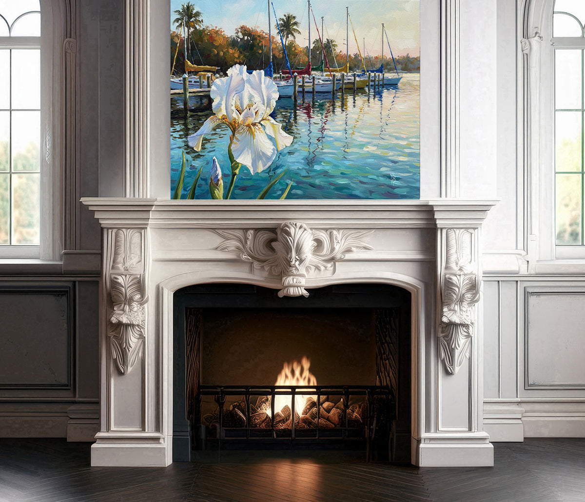 White Iris & Sailboats Florida Marina Fine Art Print | Floral Coastal Art | Canvas or Paper