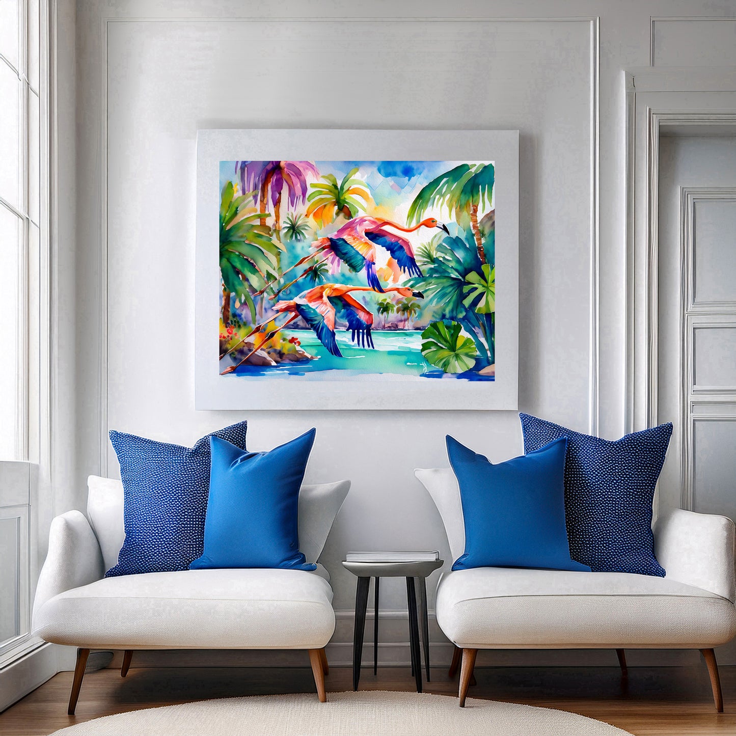 Flamingos Flying Coastal Tropical Landscape Vibrant Print