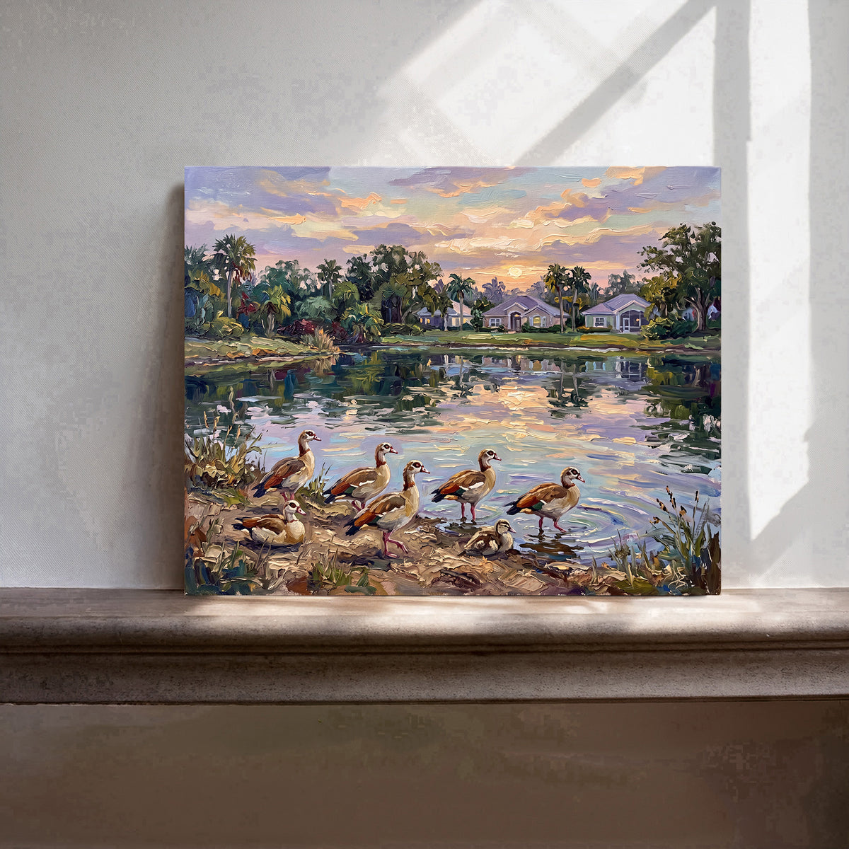 Golden Hour Gathering – Egyptian Geese by the Pond | Canvas or Paper Art Print