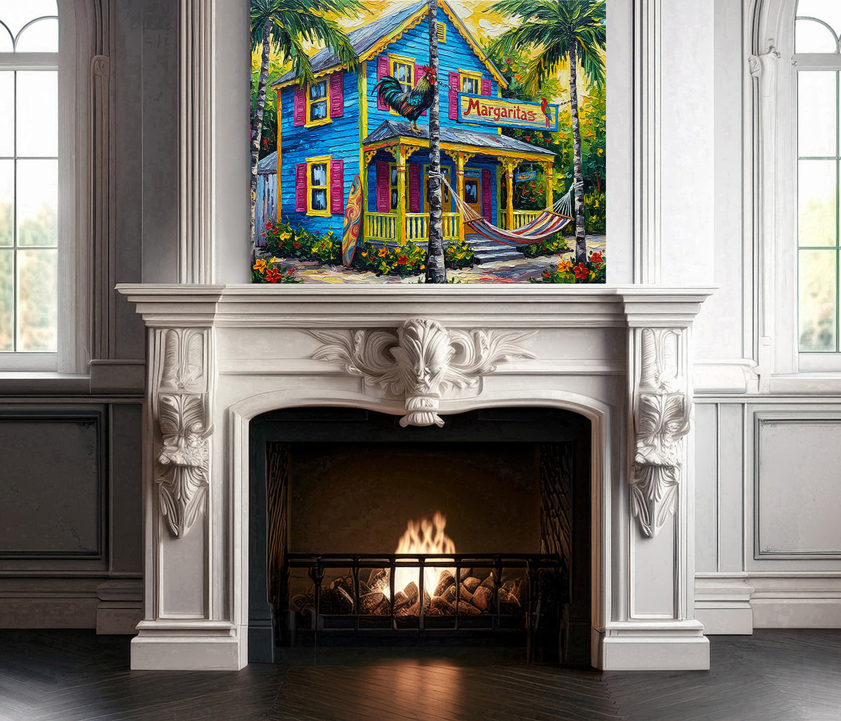 Margaritas Key West Conch House with Rooster & Hammock | Canvas or Paper Art Print
