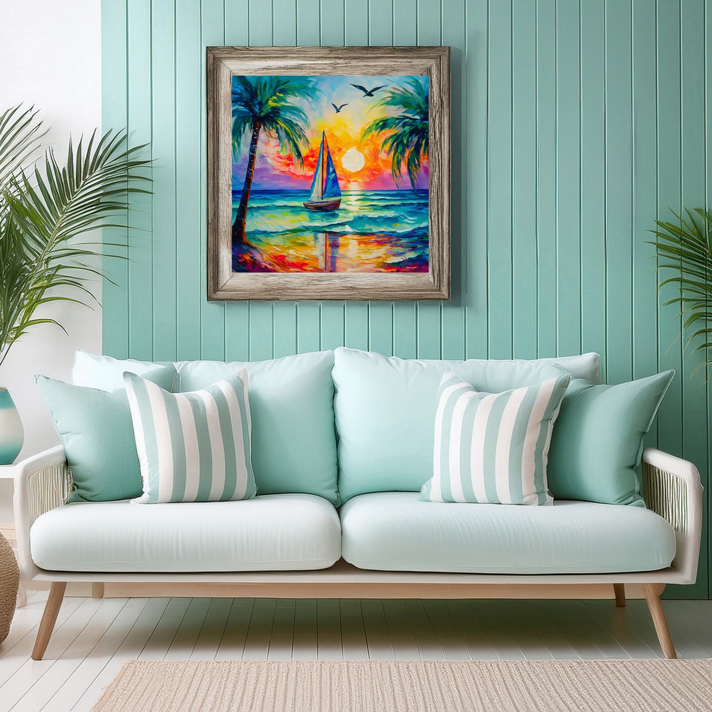 Sailboat, Palm Trees, Sunset, Ocean Waves Print on Canvas or Paper