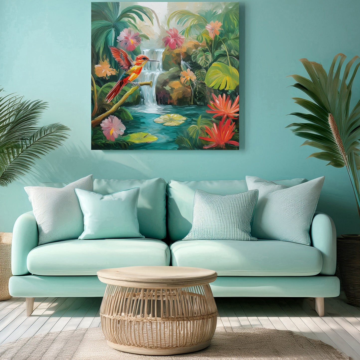 Hummingbird and Waterfall Tropical Print: Canvas or Paper