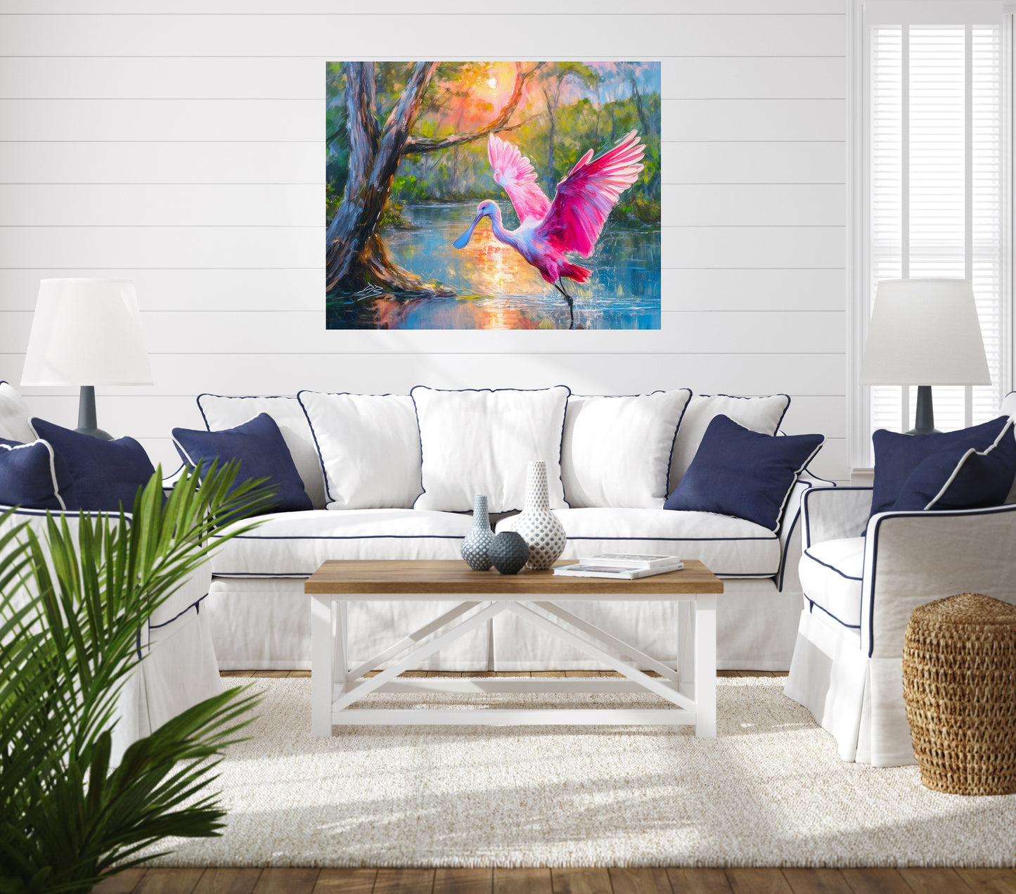 Roseate Spoonbill Wildlife Print: Florida Birds, Coastal Landscape Art
