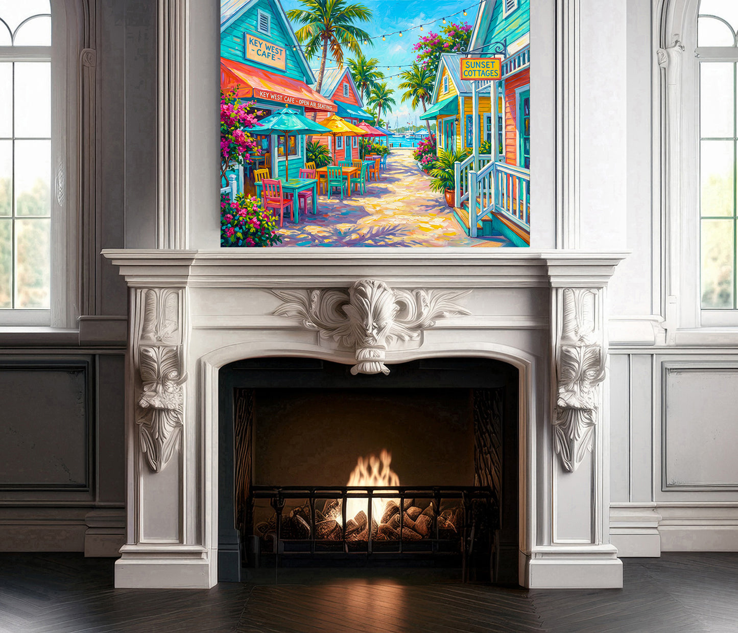 Key West Cafe Open Air Seating Street Scene | Canvas or Paper Art Print