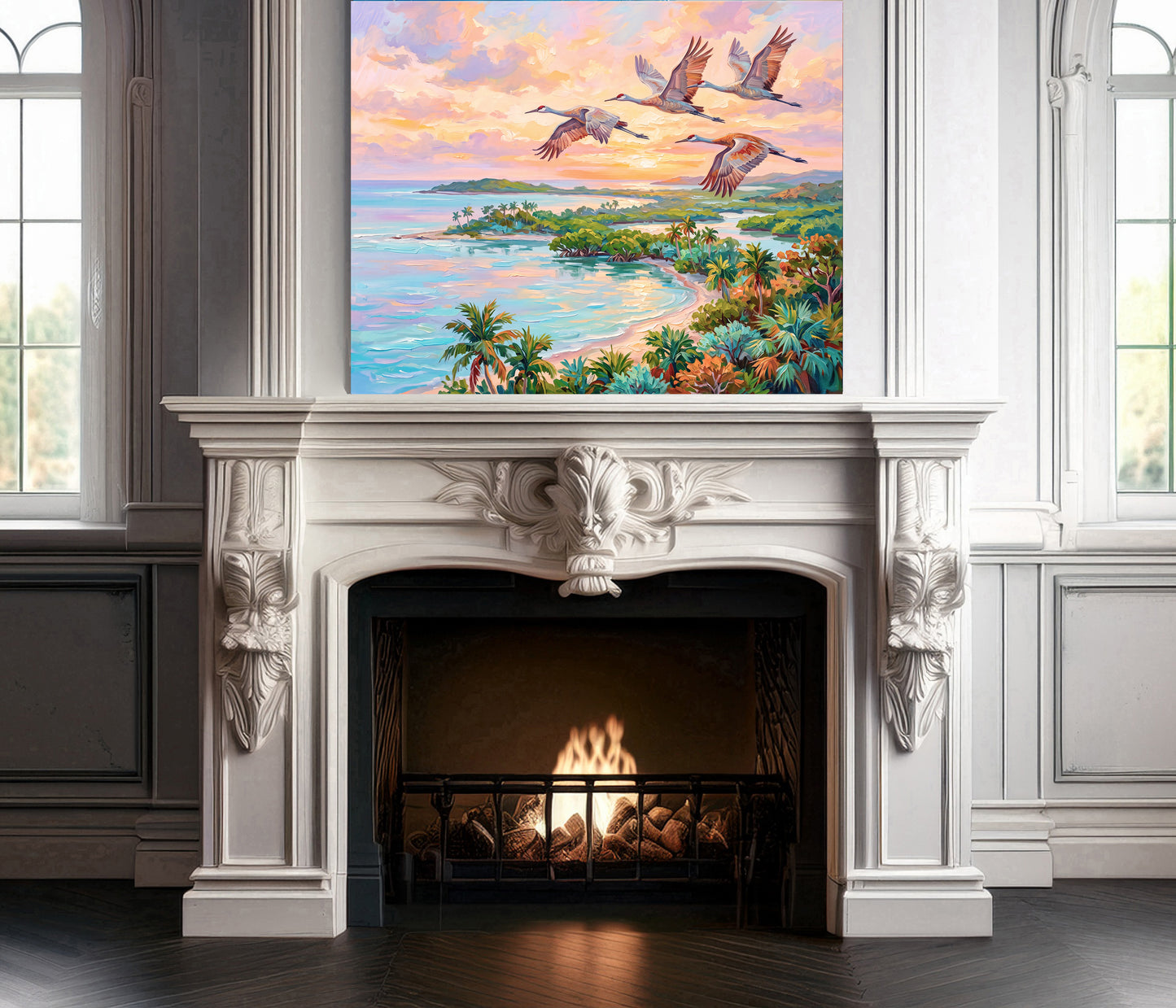 Flamingos Flying Over Blue Waters Coastal Tropical Landscape Vibrant Print